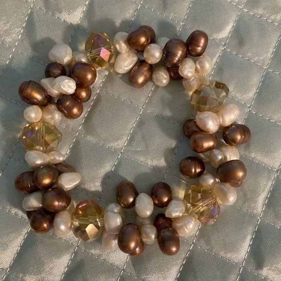 Vintage genuine freshwater pearl cluster bracelet with large crystals stretch - Picture 6 of 7